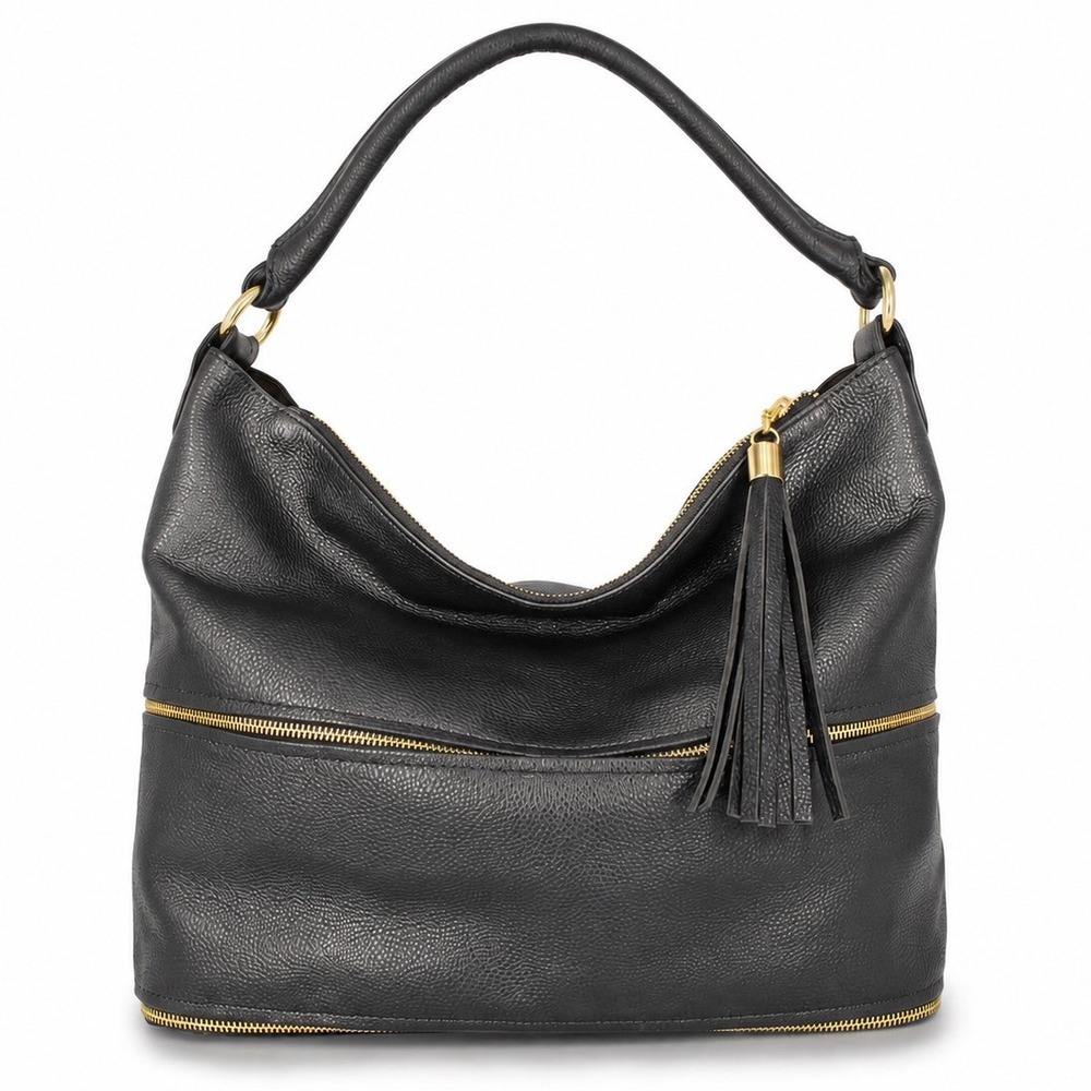 Onna Ehrlich Handbag Kemi Hobo Pebbled Leather‎ Tassel Zip Black OS Boho Chic